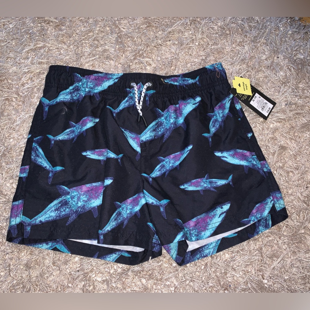Art Class Black and Blue Shark Pattern Kids Swim Trunks - size XL (14) NWT